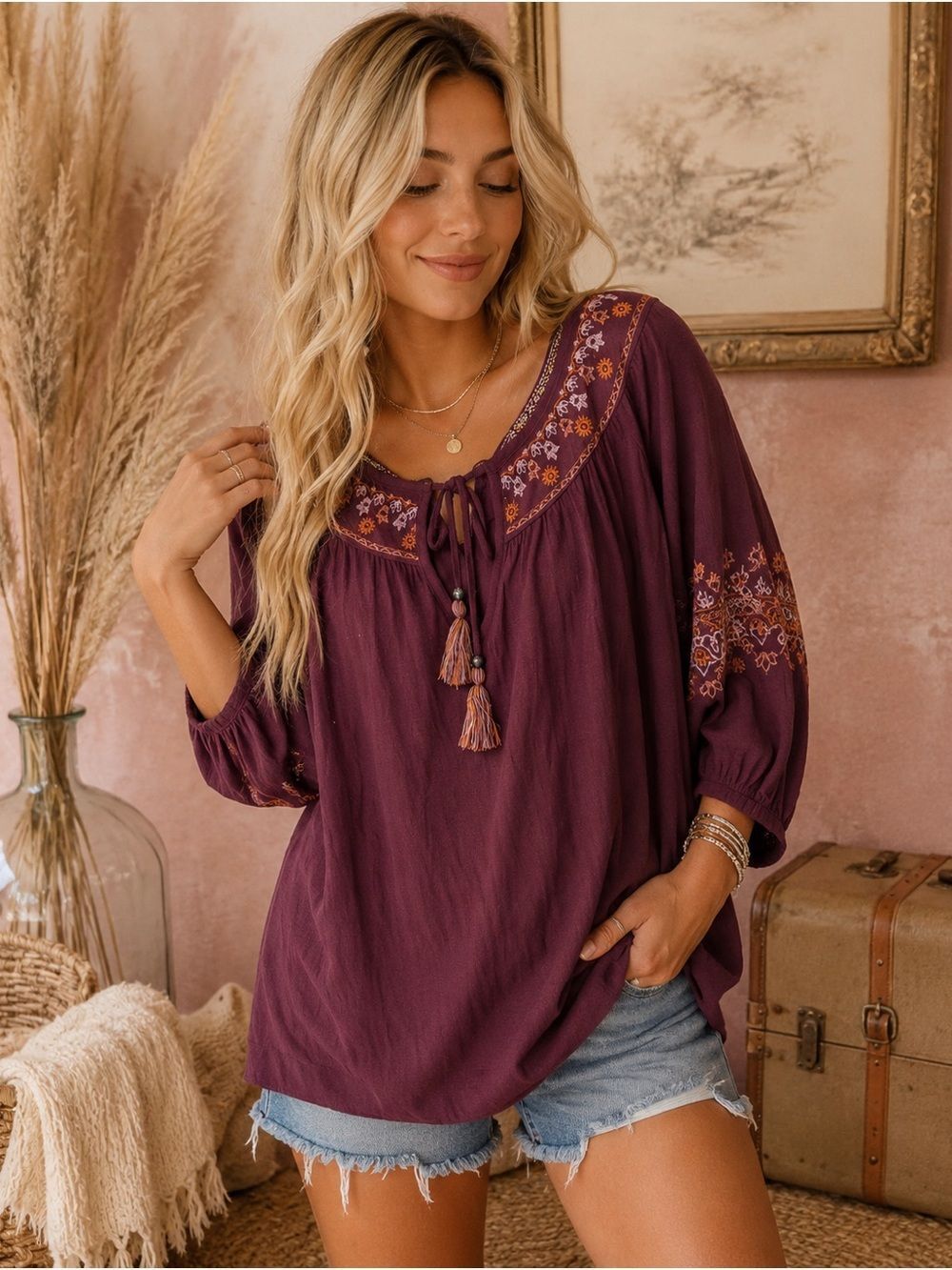 Knox Rose Plum Embroidered Tassel Peasant Top Boho Chic Aesthetic